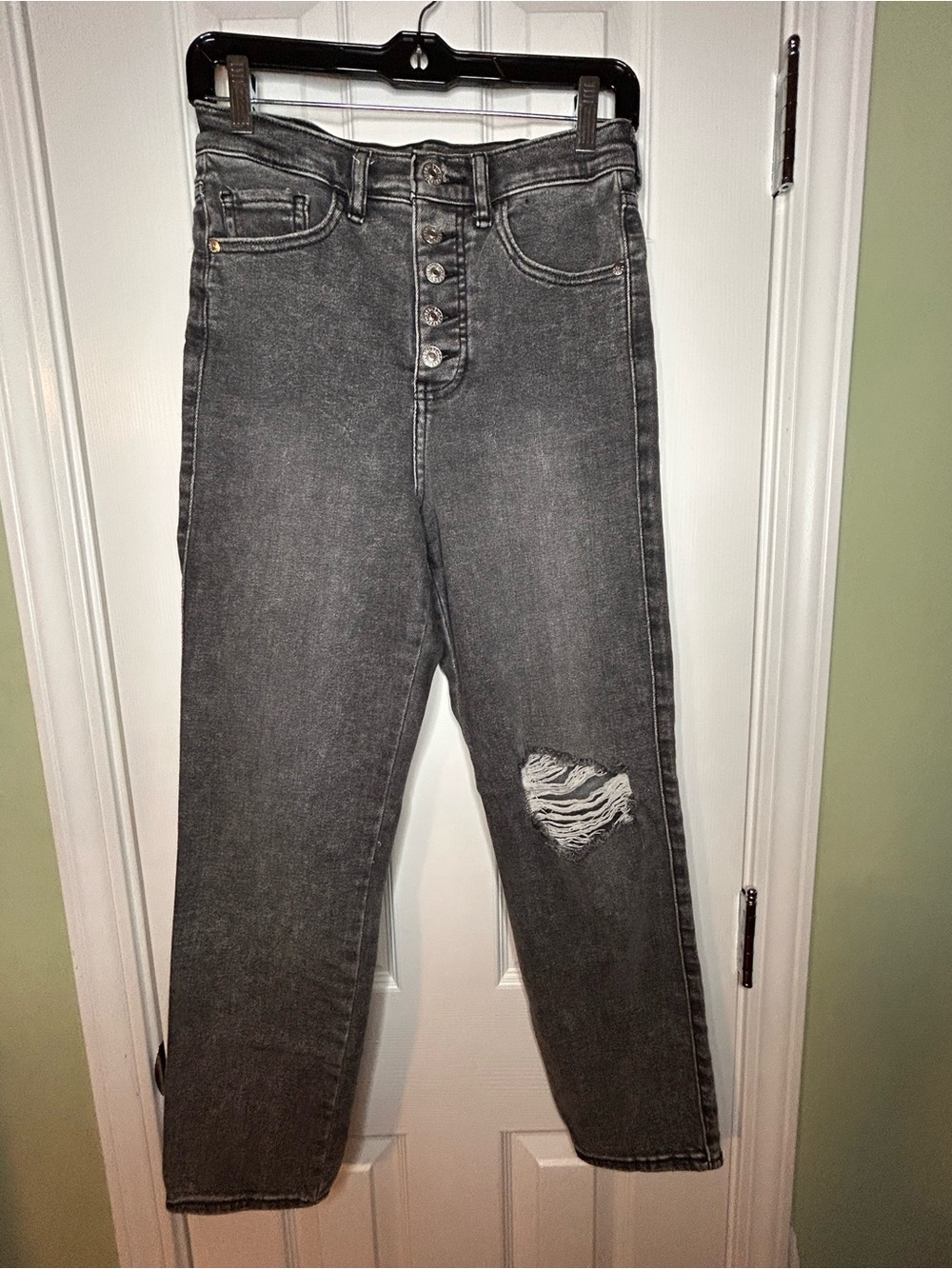 Express Slim SuperHigh-Waist Button-Fly Women's Jeans — Charcoal Gray Distressed
